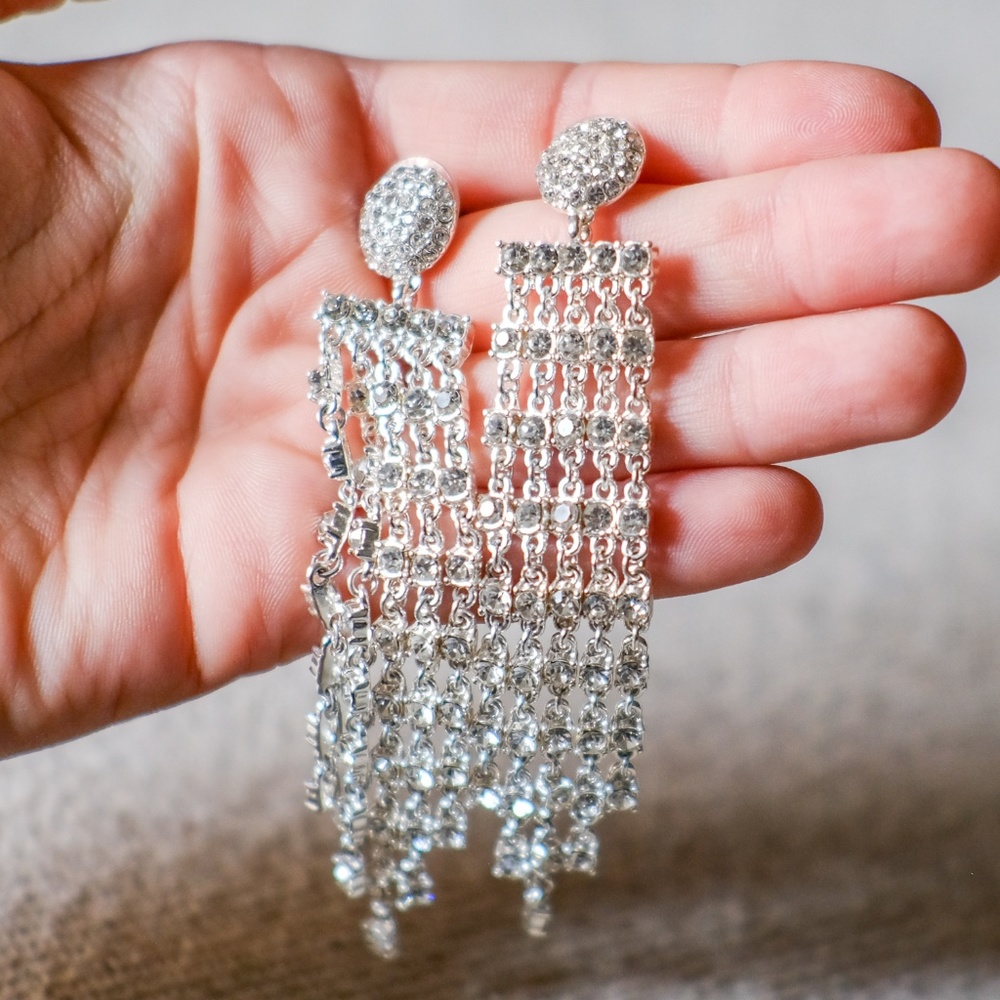 Drop Silver Chandelier Earrings with Rhinestones